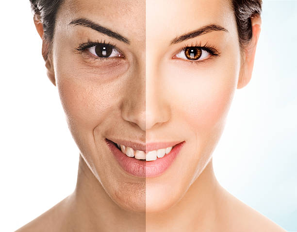 The power of retouch. Vision of beauty retouch. Model face is divided in two parts - good retouch and bad retouch. Background added. artificial photos stock pictures, royalty-free photos & images