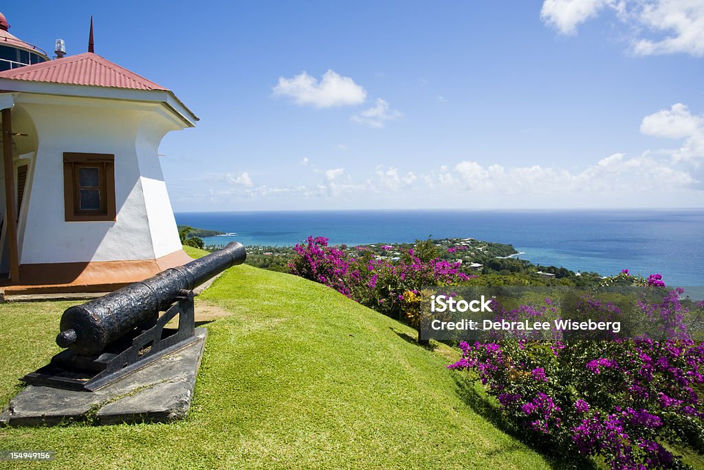Fort King George A view on the top of Fort King George in Tobago sjowng a canon and overlooking the Atlantic Ocean surrounded by colourful foliage on the top of a green hill. Tobago Stock Photo