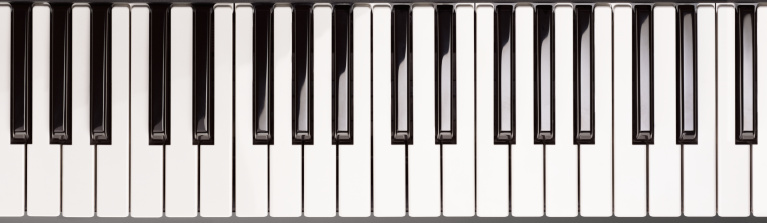 Piano keyboard background on stage playing live music at gig or concept for tuition, lessons and learning a musical instrument