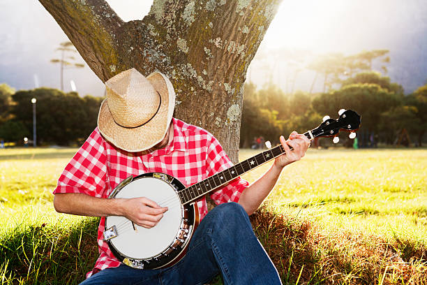hombre joven sentado en el árbol en campo tocando su banjo - sunny cantante fotografías e imágenes de stock
