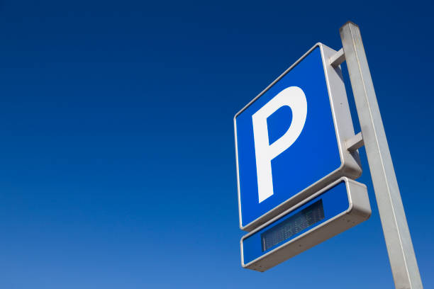 Worn parking sign against bush branches, selective focus