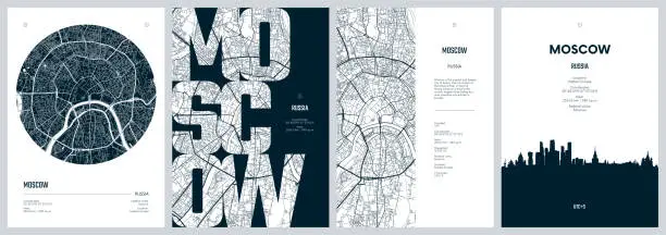 Vector illustration of Set of travel posters with Moscow, detailed urban street plan city map, Silhouette city skyline, vector artwork