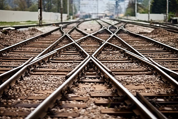 Railroad  track points Railroad  track points background. Shallow DOF, selective focus.  railroad track stock pictures, royalty-free photos & images