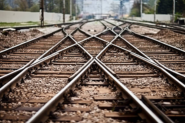 Railroad  track points Railroad  track points background. Shallow DOF, selective focus.  railway track stock pictures, royalty-free photos & images