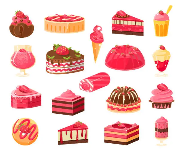 Vector illustration of Sweet Pastry and Dessert with Strawberry Fruit with Cake, Pudding and Mousse Big Vector Set