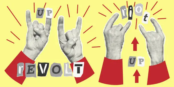 Vector illustration of Set of hands, pointer with finger, fists. Halftone style. Collection collage design elements Trendy dotted pop art Vintage grunge punk cutout shapes Rock goat sign Riot Retro text Vector illustration