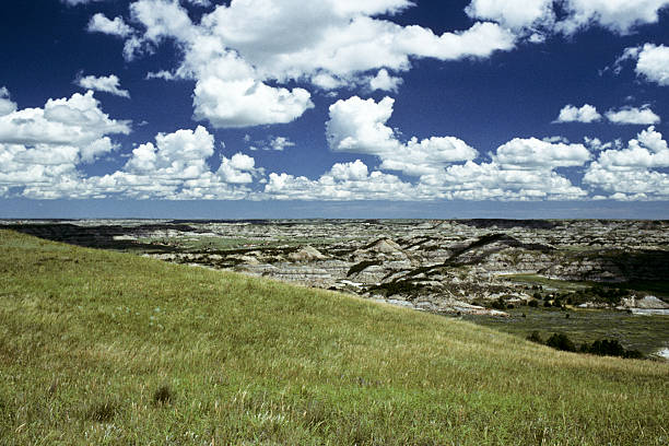 Badland Canyon, Meadow and Cloud Formation Theodore Roosevelt National Park lies where the Great Plains meet the rugged Badlands near Medora, North Dakota, USA. The park's 3 units, linked by the Little Missouri River is a habitat for bison, elk and prairie dogs. The park's namesake, President Teddy Roosevelt once lived in the Maltese Cross Cabin which is now part of the park. This picture of a prairie grassland was taken from the Scenic Loop Drive. jeff goulden badlands stock pictures, royalty-free photos & images