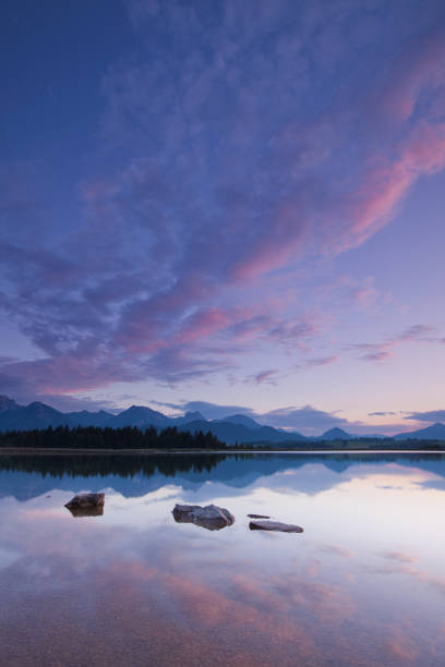 twilight at lake hopfensee in the bavarian allgau near the city of f