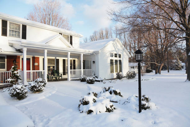 Home Snow House Winter Dawn Morning - Horizontal Soft early morning sunlight illuminates a newly remodeled suburban neighborhood home. Several shrubs are still buried in snow, but this very early spring snowfall will soon melt. Horizontal orientation. bare tree snow tree winter stock pictures, royalty-free photos & images