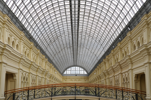 The metal and glass roof in the famous Russian department store GUM in the center of Moscow.