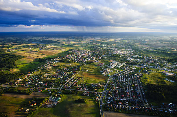 An aerial view of a small town stock photo
