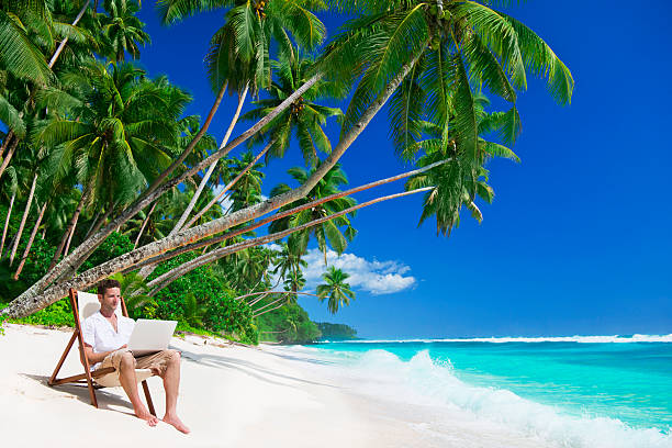 istock Blue sea, white sand and tropical palms 154954247