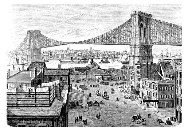 illustrazioni stock, clip art, cartoni animati e icone di tendenza di incisione di ponte di brooklyn a new york city dal 1877 - 1870