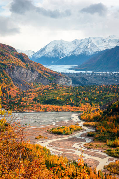 View of Matanuska River from highway , Alaska in fall season. stock photo