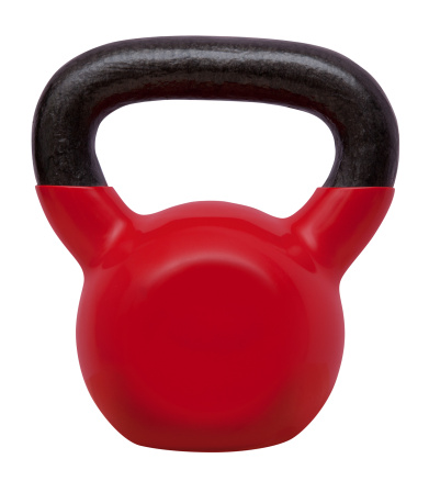 Kettle bell with red plastic coating. Isolated on white.