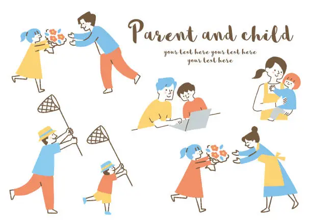 Vector illustration of A set of parents and children who get along well _ color