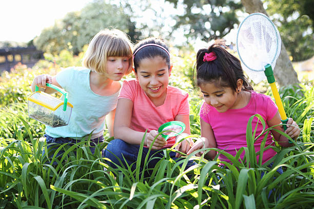 A child catches a butterfly in the park. Summer activity, nature.