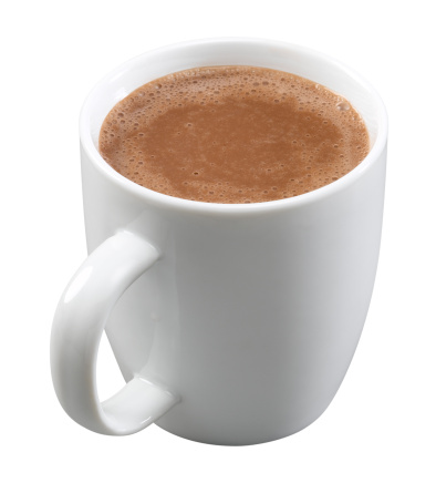 Hot cocoa in a white cup isolated on white.  Includes a clipping path.