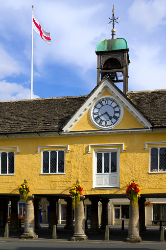 Stowmarket, Suffolk, UK - July 2022: The clock tower in the market place in Stowmarket, Suffolk, UK