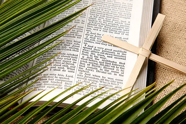 Palm cross and palm leaves with KJV Bible open to Matthew 21 (Christ's triumphal entry into Jerusalem).