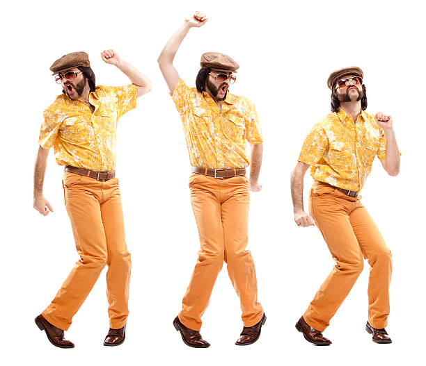 1970s vintage hawaiian shirt man  dance disco isolated on white  disco dancing photos stock pictures, royalty-free photos & images