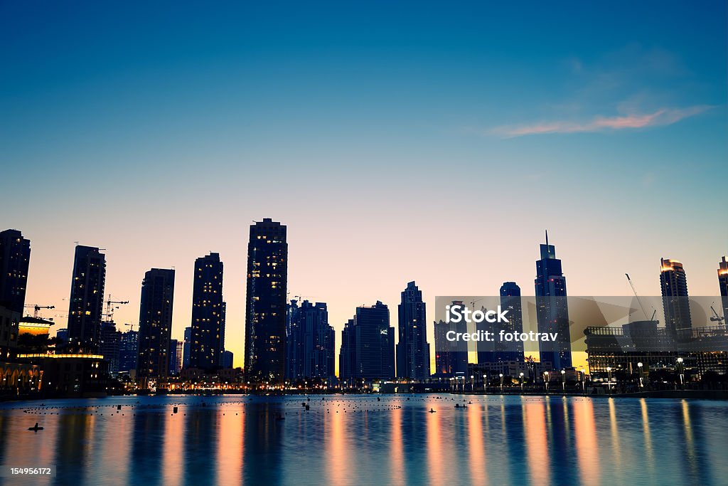 City skyline from Dubai Mall by night viewed from Dubai Mall Night Stock Photo