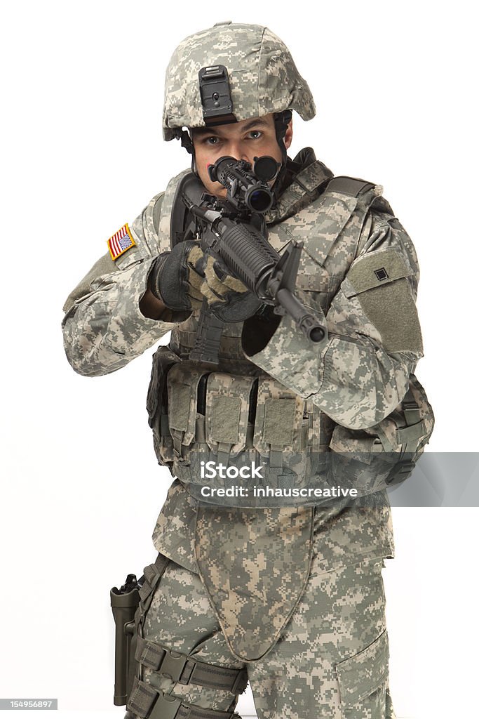 Soldado americano, com uma armadura do Lorde Negro em aready posição - Foto de stock de Fundo Branco royalty-free