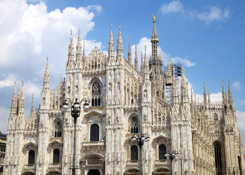 Milan, Italy - July 12, 2022: Exterior views of the Duomo Cathedral in Milan