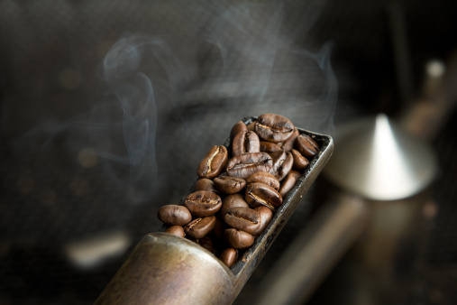 Sample of roasting coffee beans from a commercial roaster.  Beans are hot and fresh with smoke and steam rising from them.
