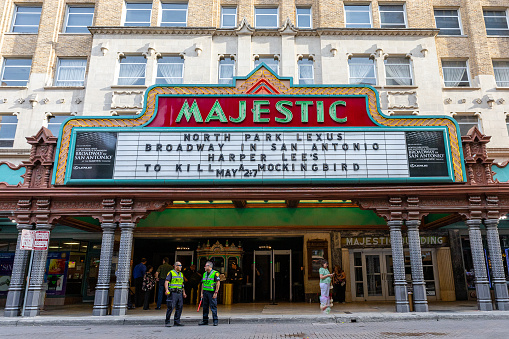The Majestic Theatre is San Antonio's oldest and largest atmospheric theatre. The theatre seats 2,264 people.  Here is a shot outside with two police officers doing traffic control.