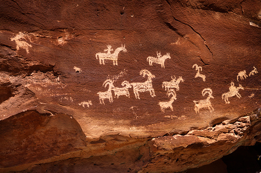 19th century indian petroglyph art photographed on public land in Southern Utah.