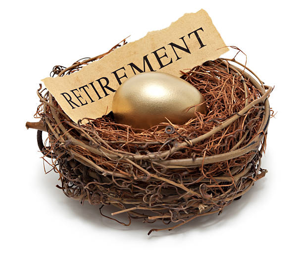 Golden nest egg Golden nest egg in bird's nest with the word retirement on torn paper. Retirement savings concept. nest egg stock pictures, royalty-free photos & images
