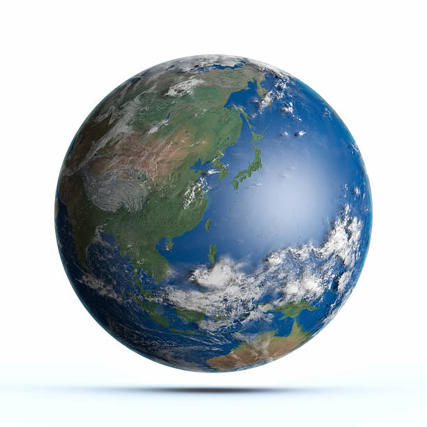 High resolution, high quality 3D render of Planet Earth with clipping path. Shaded relief, natural colors, realistic clouds cover. Pacific Ocean, australia, indonesia, Japan, China.