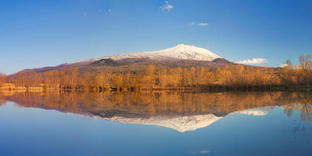istock Mount Etna, Sicily, Italy reflected in a lake at sunset 154959628