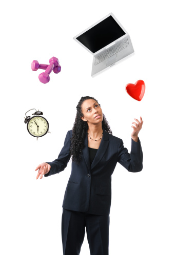 Subject: A business person businesswoman juggling duties and obligations of life, work life, love life, time and deadlines and personal health. Isolated on a white background.