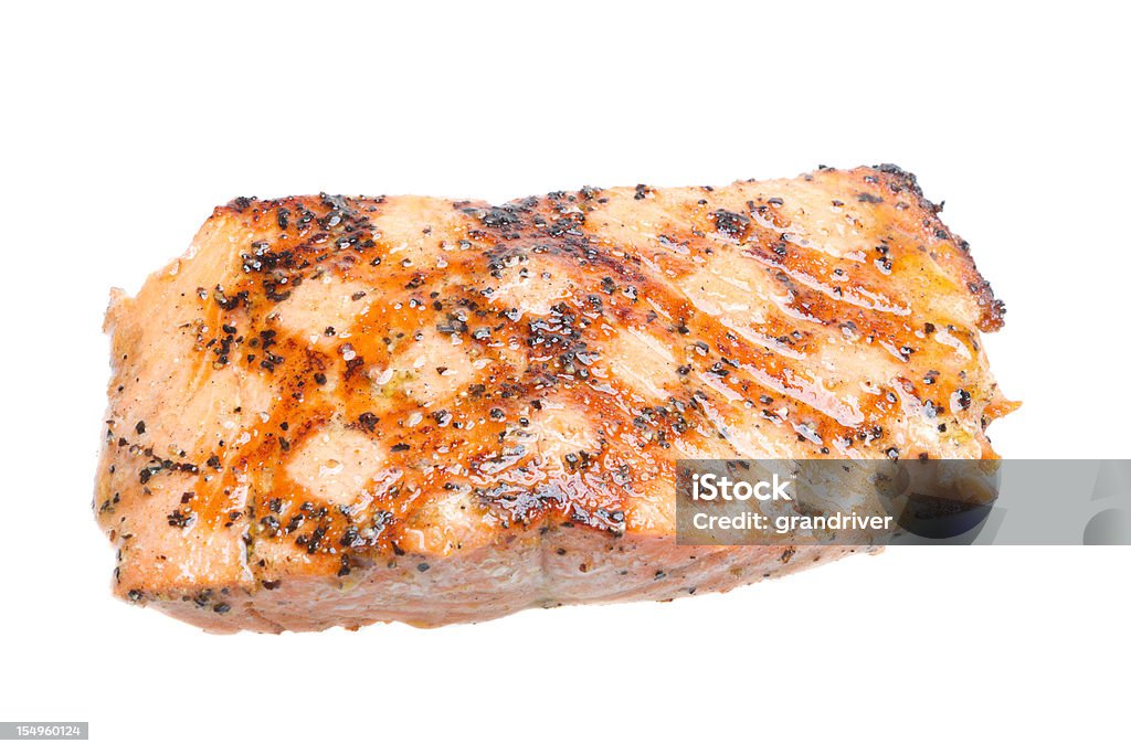 Grilled Salmon Filet, Isolated on White Healthy grilled salmon filet seasoned perfectly with perfect diamond shaped grill marks isolated on white Grilled Salmon Stock Photo