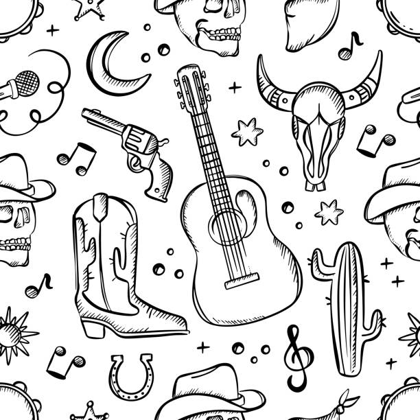 ilustraciones, imágenes clip art, dibujos animados e iconos de stock de cowboy fest monocromo ilustración vectorial de patrón sin costuras - horseshoe backgrounds seamless vector