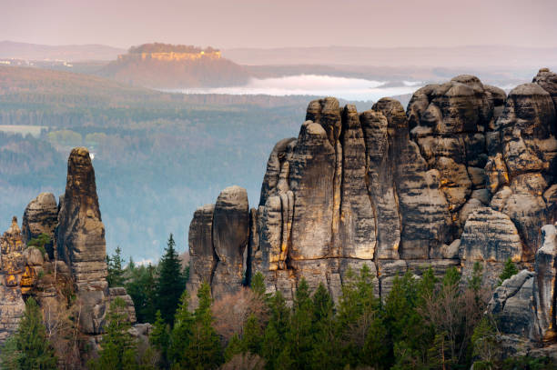 saxon switzerland festung königstein at dawn, famous castle in saxon switzerland elbsandsteingebirge, germany, mist over elbe valley, sandstone rocks in foreground festung konigstein castle stock pictures, royalty-free photos & images