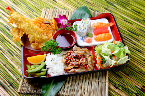 Japanese Combination Bento with Chicken Teriyaki, Sushi, Tempura & California Rolls