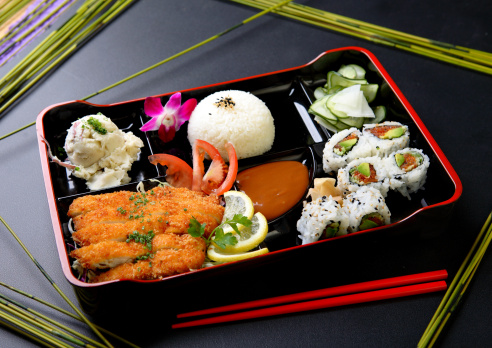Japanese Combination Lunch Box with Chicken Cutlet, Steamed Rice, Salad & California Rolls