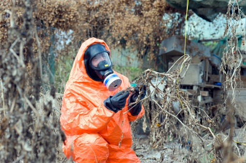 Portrait of a man wearing  german protection cloth against radiation, biological and chemical substances. He is analyzong dead plants. Maybe there was a biological or chemical warfare or nuclear accident.