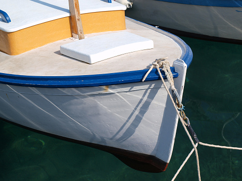 Traditional wooden Dalmatian fishing boat detail.