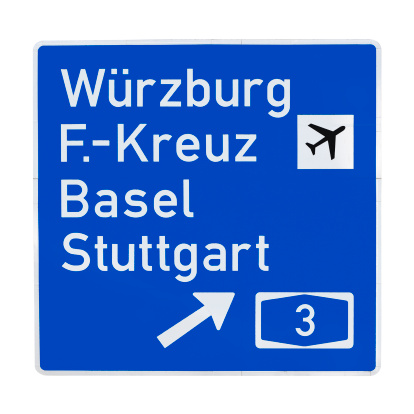 Road sign - Autobahn, german cities. Isolated on white. Clipping path included