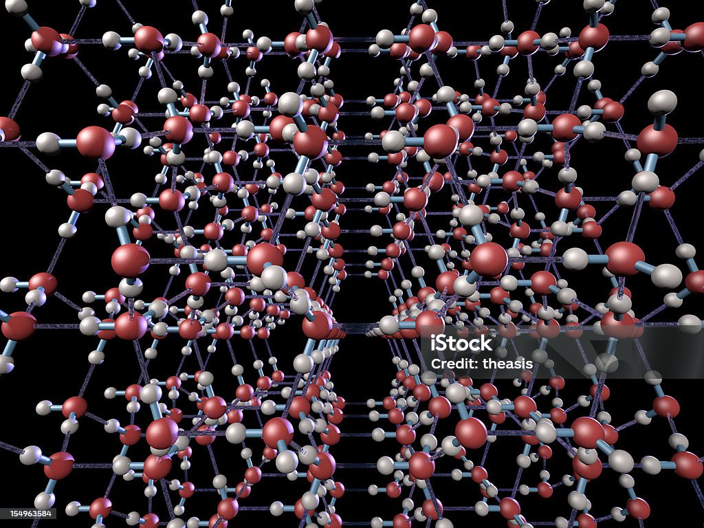 Crystaline Structure of Ice A ball and stick model of water molecules locked into a hexagonal structure by hydrogen bonds as water freezes into ice. Inorganic Compound Stock Photo