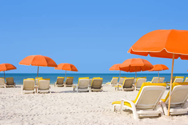 istock White Sandy Beach with Loungers and Umbrellas 154963676