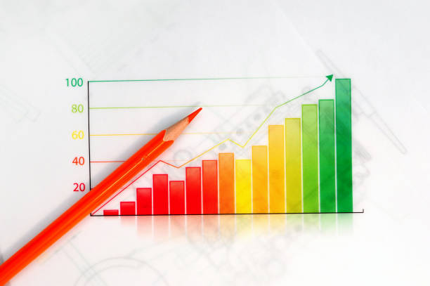 3D illustration of diagram with the growing progress. Business graph on a white reflective surface. Growing bar chart from color blocks on white background. Graph UI design. Red and Blue gradients.