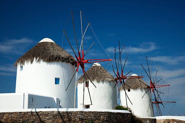 The famous windmills located in the coast of Mykonos island in Mykonos Town, Cyclades, Greece