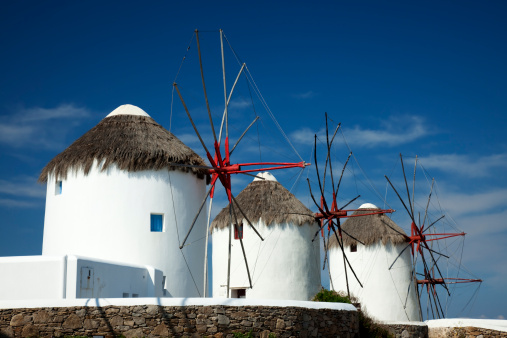 The famous windmills located in the coast of Mykonos island in Mykonos Town, Cyclades, Greece