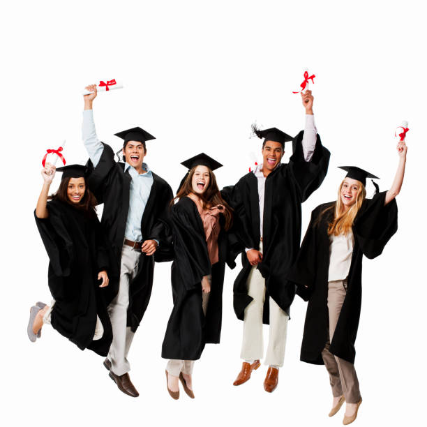 Graduates Celebrating - Isolated  cheering group of people success looking at camera stock pictures, royalty-free photos & images