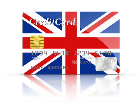 3D rendered Credit Card covered with UK flag.